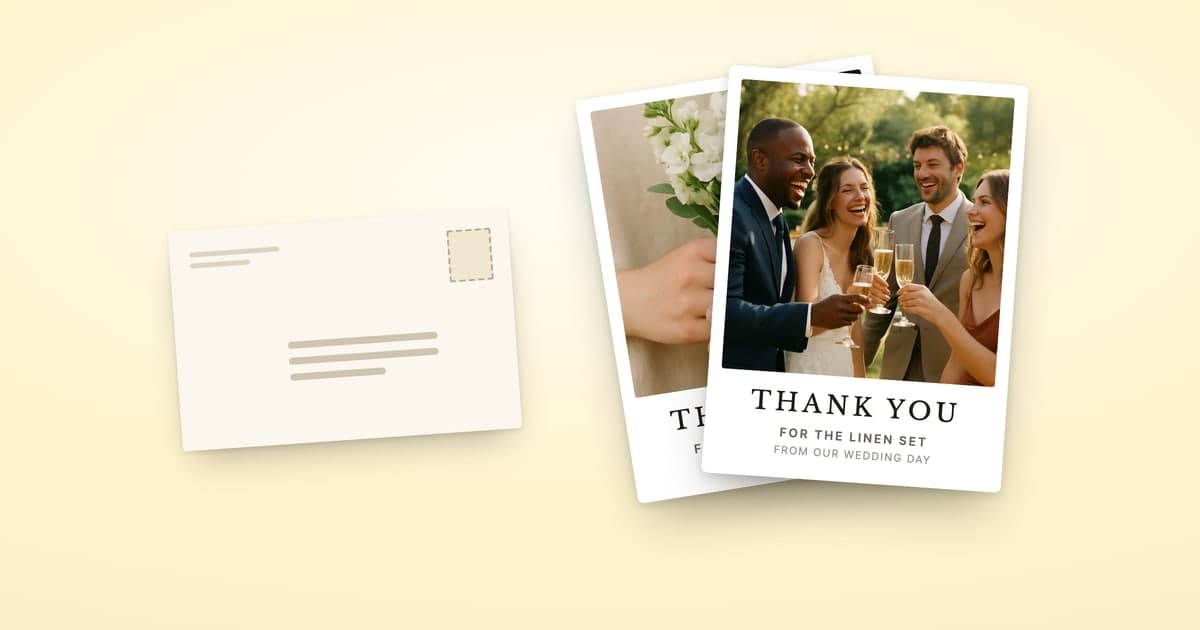 ShipNote wedding thank-you photo postcards fanned out beside an addressed envelope