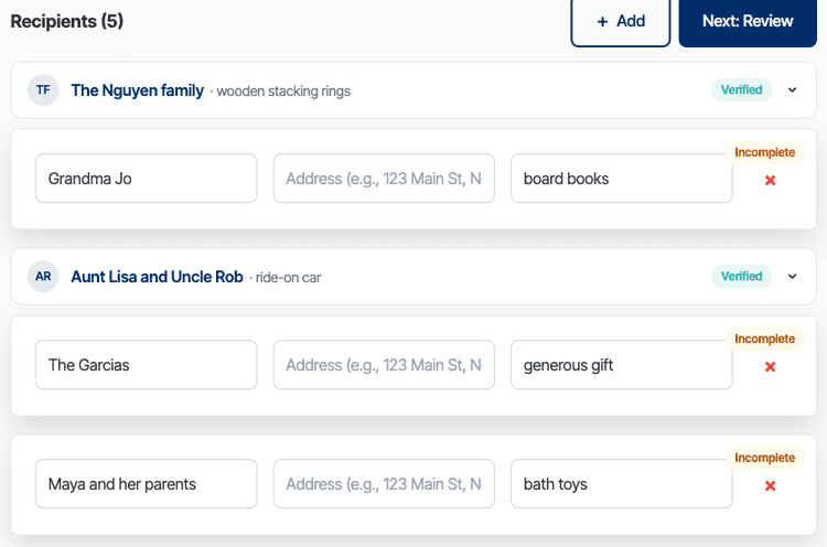 ShipNote's recipient list after pasting a birthday gift list: two families marked Verified with their gifts, and three rows marked Incomplete, with a name and gift but an empty address field
