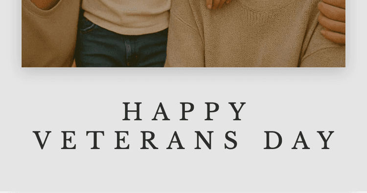 ShipNote's front preview of a Classic Just Thanks postcard: the bottom of the sample family photo, and below it the headline changed to HAPPY VETERANS DAY