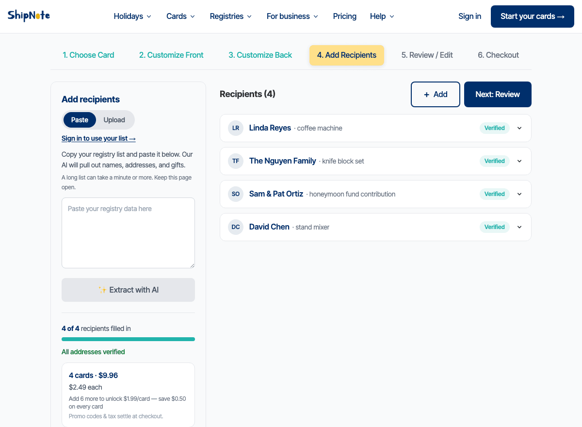 ShipNote's Recipients screen: the registry paste box on the left, the AI-extracted recipient list on the right, one row per giver with a green Verified badge