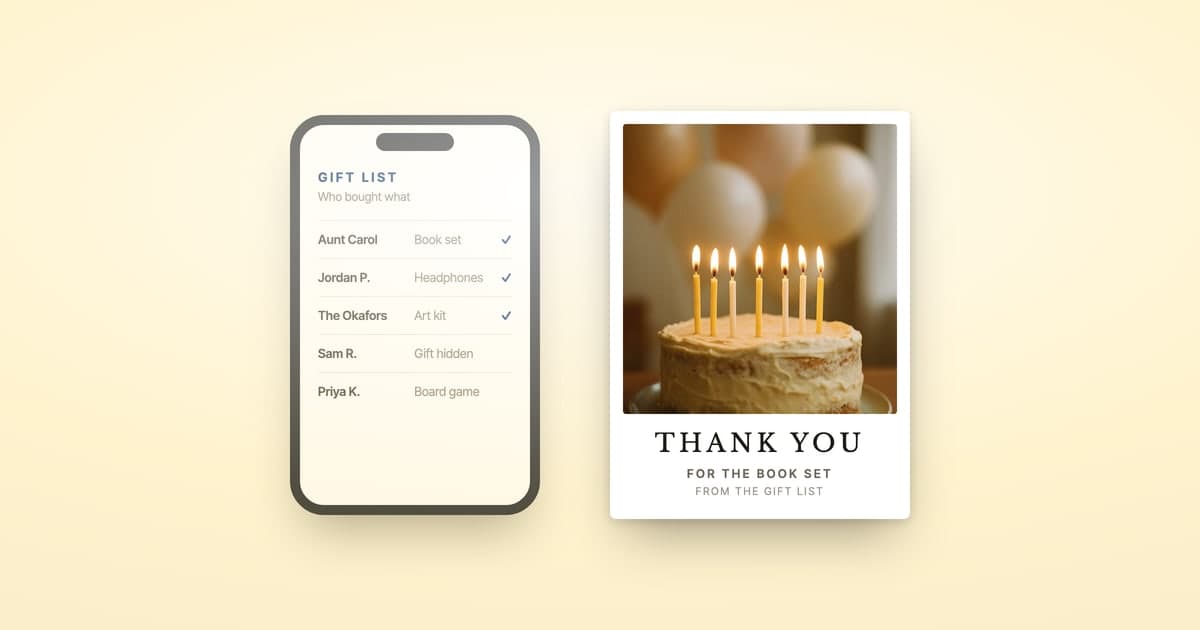 A ShipNote thank-you postcard beside a gift list on a phone