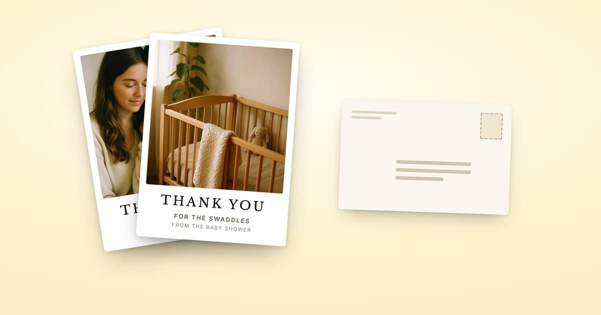 ShipNote baby shower thank-you postcards with a newborn photo fanned beside an envelope