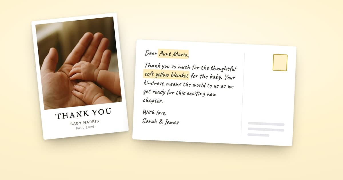 A ShipNote baby shower thank-you postcard: a baby's hands in a parent's palm on the front, and a back thanking Aunt Maria for a soft yellow blanket, with her name and the gift highlighted