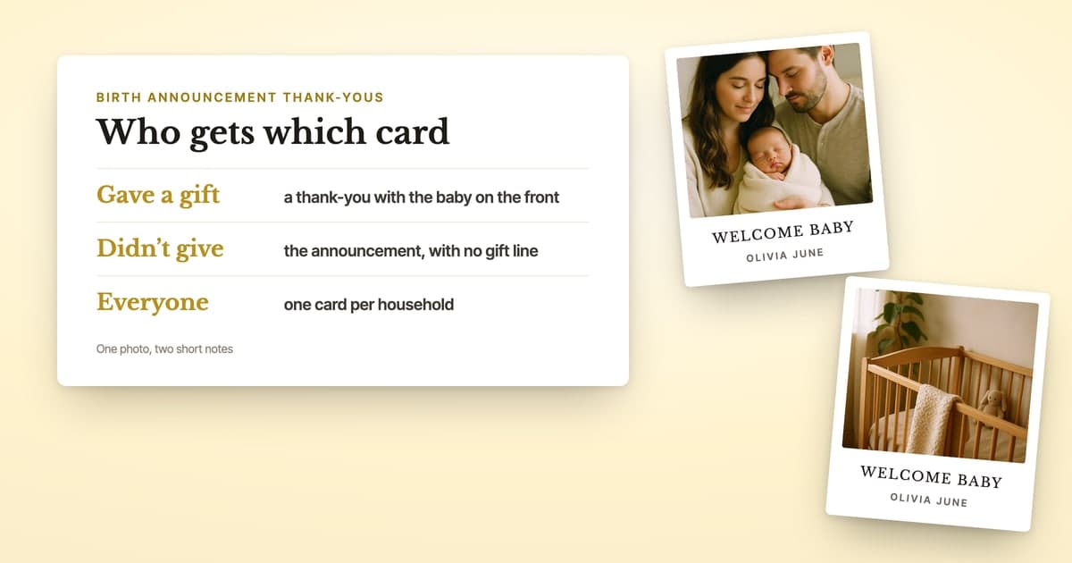 A newborn family photo and a nursery photo on two Welcome Baby postcards, beside a panel on who gets a thank-you and who gets the announcement