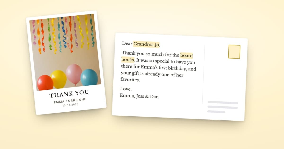A ShipNote birthday thank-you postcard with balloons on the front under THANK YOU and EMMA TURNS ONE, beside its back thanking Grandma Jo for the board books