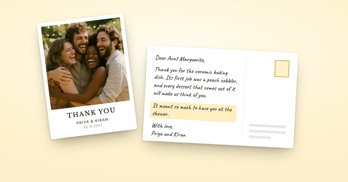 A ShipNote wedding postcard front with a photo of four laughing friends hugging at a garden party under string lights, captioned THANK YOU, Priya and Kiran, beside its back: a handwritten-font note thanking Aunt Marguerite for a ceramic baking dish, with the line It meant so much to have you at the shower highlighted, signed With love, Priya and Kiran