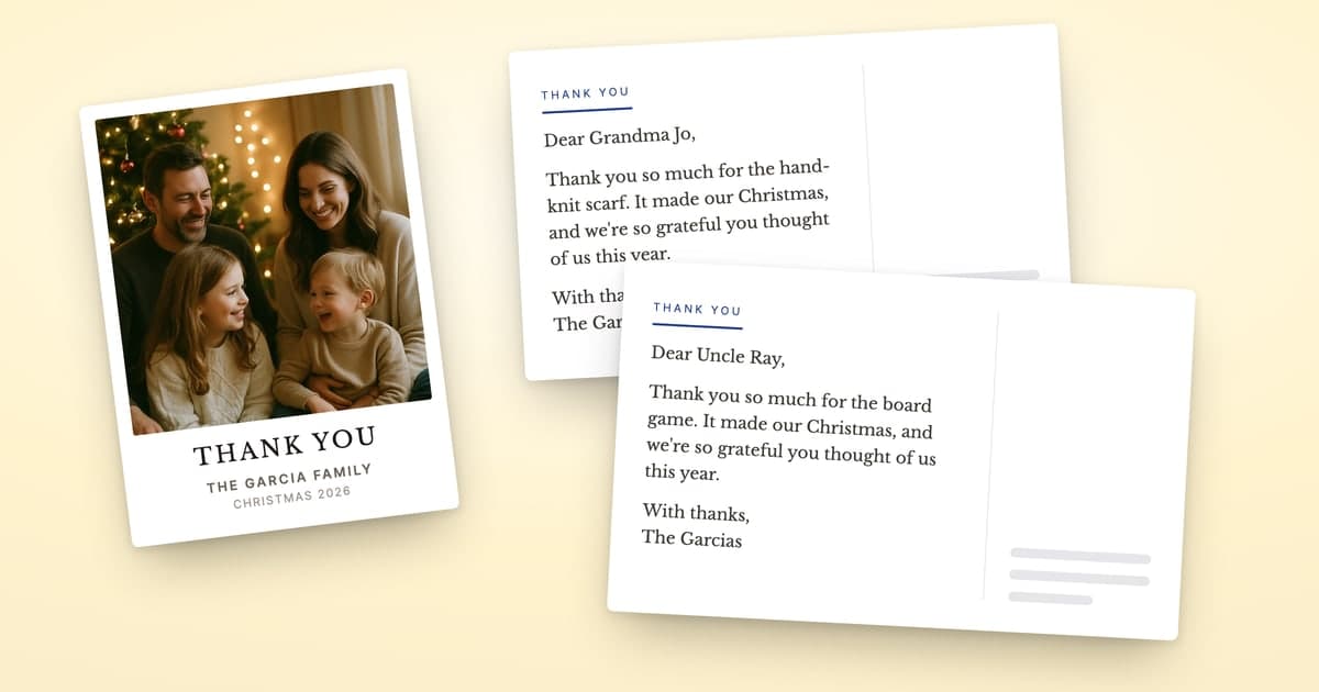A ShipNote thank-you postcard with a family photo in front of a Christmas tree, the headline THANK YOU and the lines THE GARCIA FAMILY and CHRISTMAS 2026, beside two card backs thanking Grandma Jo for a hand-knit scarf and Uncle Ray for a board game