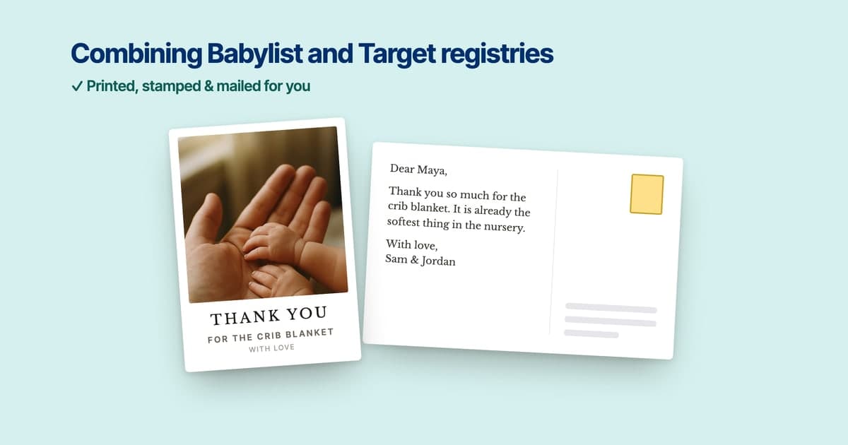 The photo front and the written back of a ShipNote thank-you postcard, a baby's hands resting in an adult's open palm on the front and a short thank-you note beside a stamp and address lines on the back, on a pale teal background under the title 'Combining Babylist and Target registries' and the line 'Printed, stamped & mailed for you'