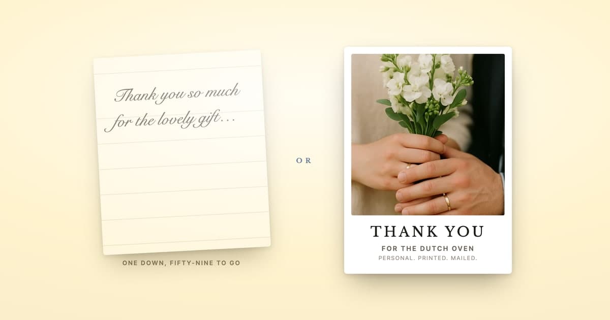A handwritten note card reading 'Thank you so much for the lovely gift…' captioned 'one down, fifty-nine to go', beside a ShipNote photo thank-you postcard reading 'Thank you — for the Dutch oven. Personal. Printed. Mailed.' on a cream background