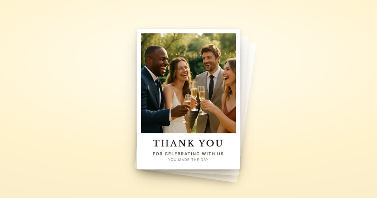 A ShipNote thank-you postcard with a photo of a bride and wedding guests raising champagne glasses, captioned 'Thank you — for celebrating with us, you made the day', on a stack of cards over a cream background