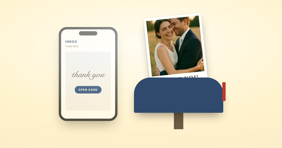 A ShipNote thank-you postcard in a mailbox beside a phone showing an email card