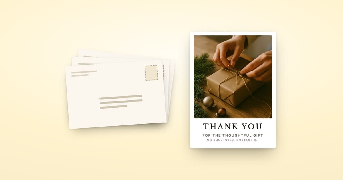 A ShipNote thank-you postcard beside a stack of addressed envelopes