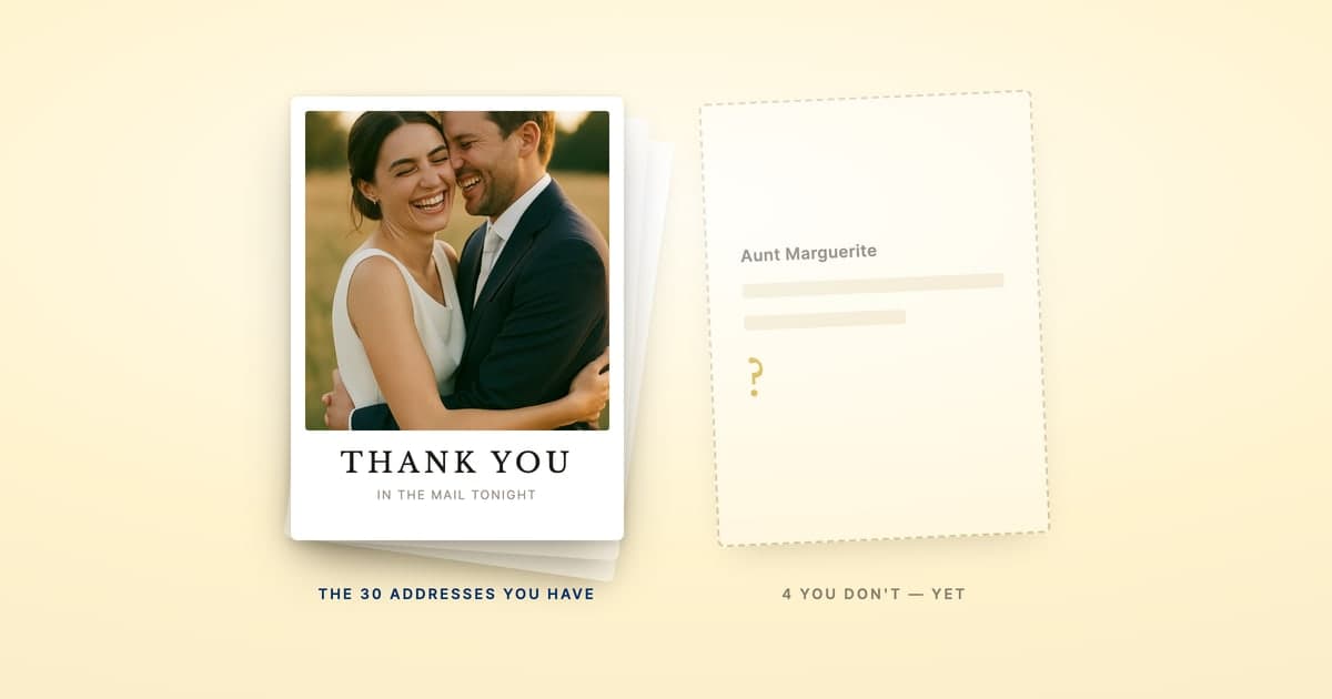 A stack of finished thank-you cards ready to mail beside one card held back with a blank address block and a question mark