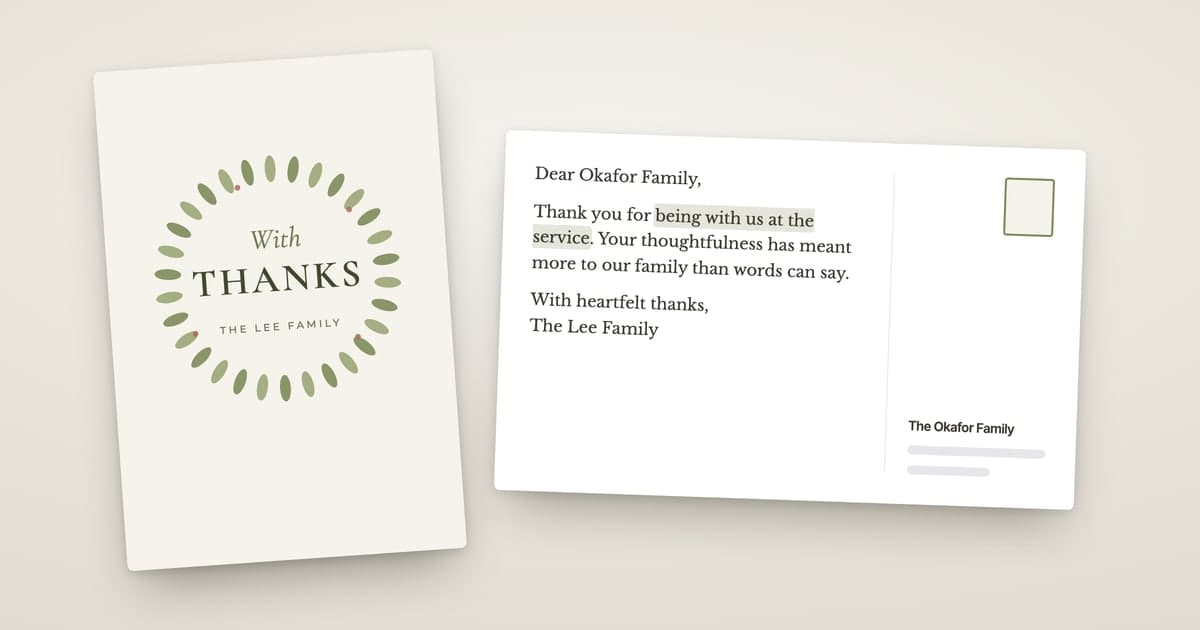 A ShipNote funeral thank-you postcard: the Botanical front with With Thanks and THE LEE FAMILY in a laurel wreath, and the back addressed to the Okafor Family, thanking them for being with us at the service