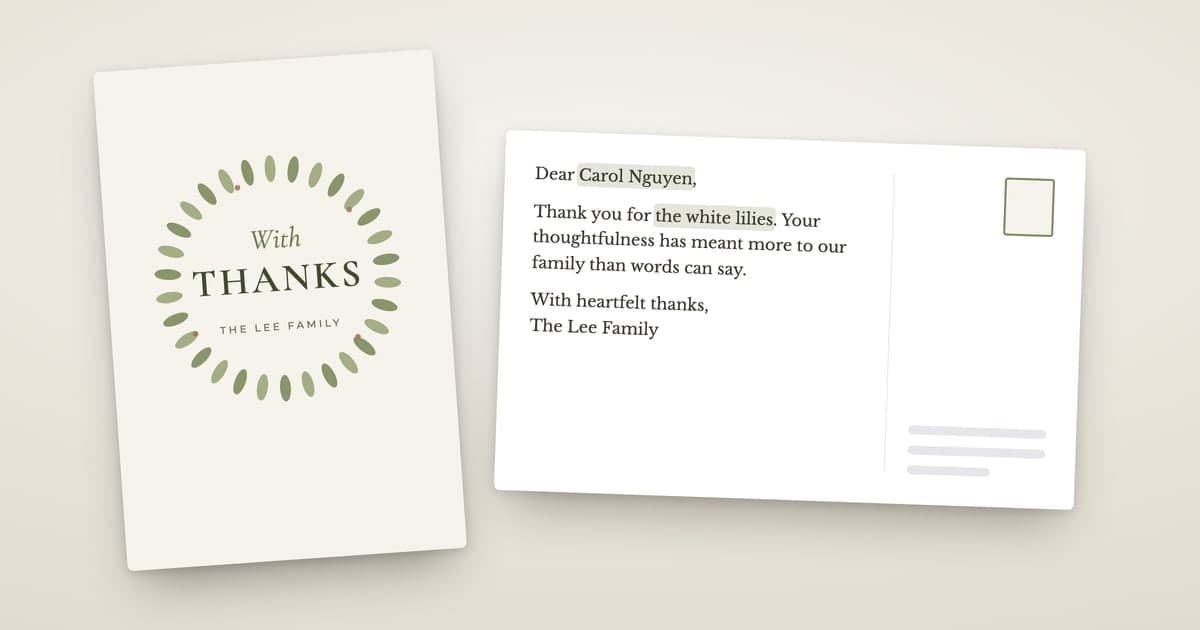 A ShipNote funeral thank-you postcard: the Botanical front, a laurel wreath around With Thanks and THE LEE FAMILY, beside a back thanking Carol Nguyen for the white lilies, signed The Lee Family