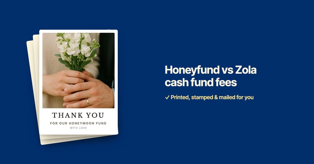 A stack of ShipNote thank-you postcards on a navy background, the top card showing a couple's ringed hands holding a small white bouquet, beside the title 'Honeyfund vs Zola cash fund fees' and the line 'Printed, stamped & mailed for you'