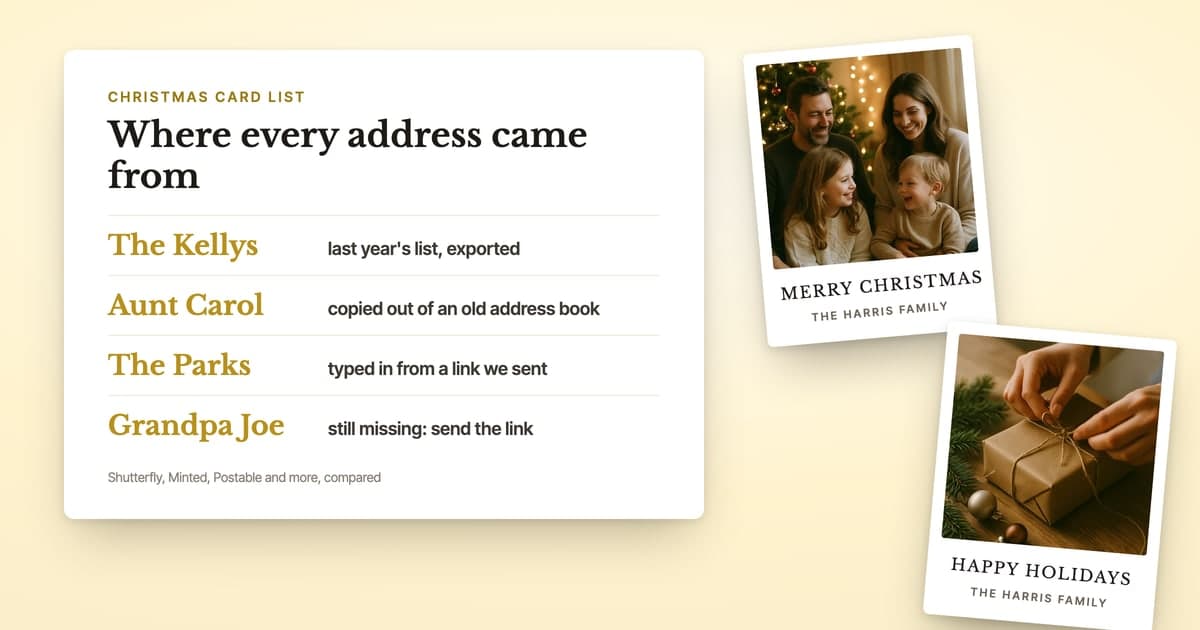 A Christmas card list on a white panel showing where each household's address came from, beside two holiday postcard fronts