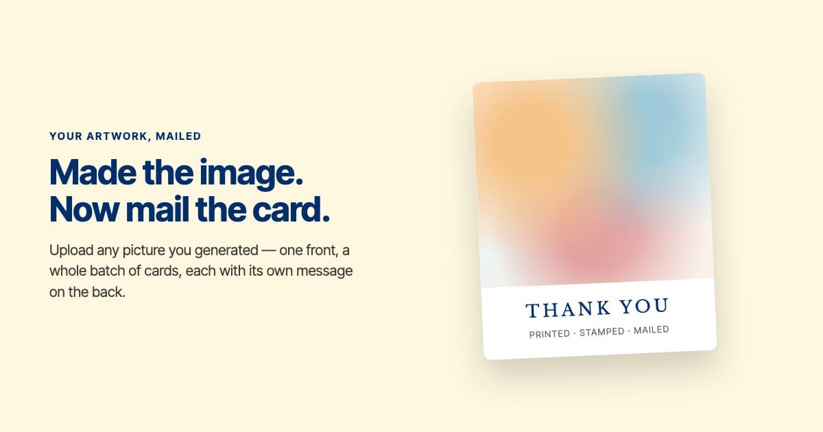 A thank-you postcard with a soft abstract artwork front and a serif THANK YOU below it, captioned 'printed, stamped, mailed', on a cream background