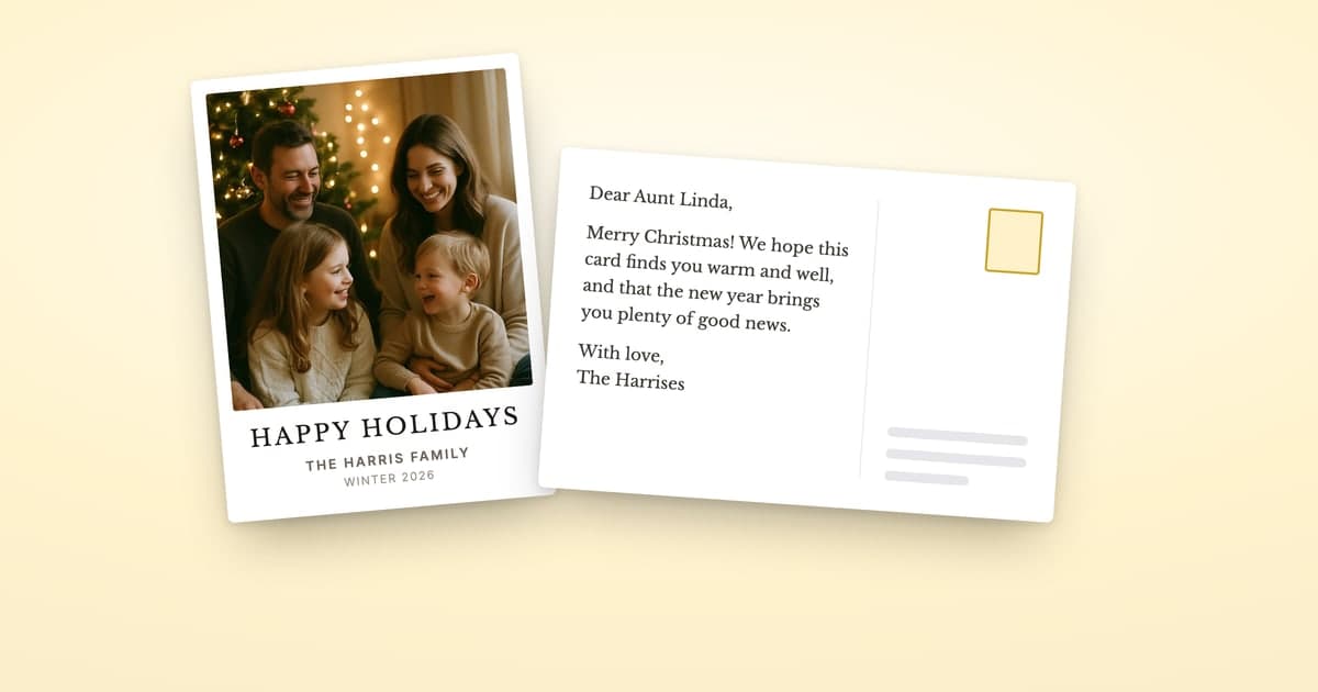 Two ShipNote holiday postcards: a family photo front reading HAPPY HOLIDAYS, and its back with a Christmas message to Aunt Linda