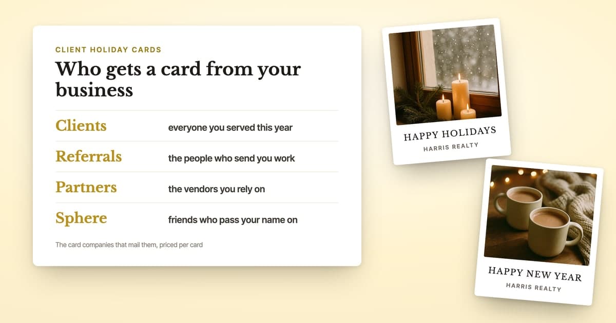 Who goes on a business holiday card list, beside two holiday photo postcards from a sample company