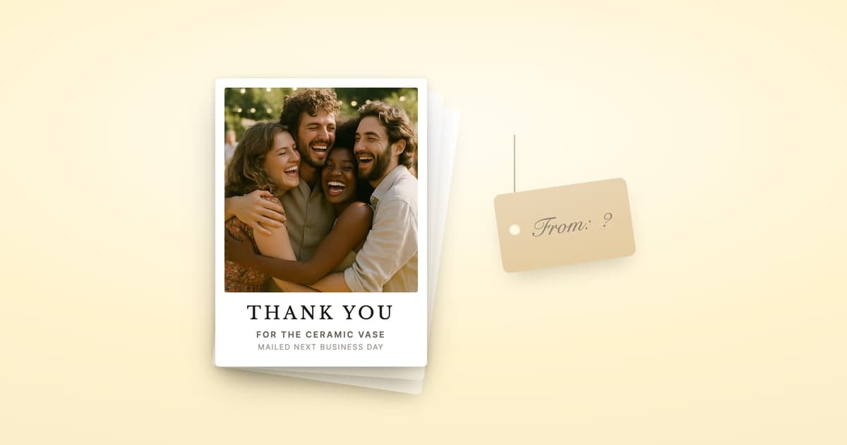 A stack of ShipNote wedding thank-you postcards beside a gift tag that reads 'From: ?'