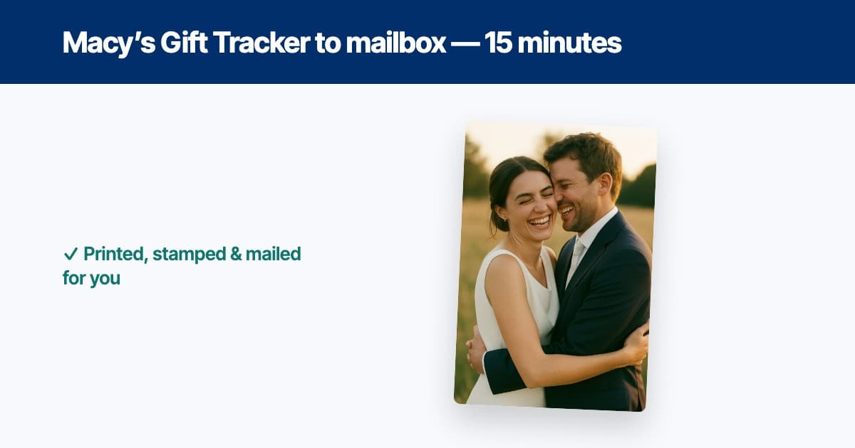 A ShipNote wedding postcard sample under a navy banner reading 'Macy's Gift Tracker to mailbox - 15 minutes'