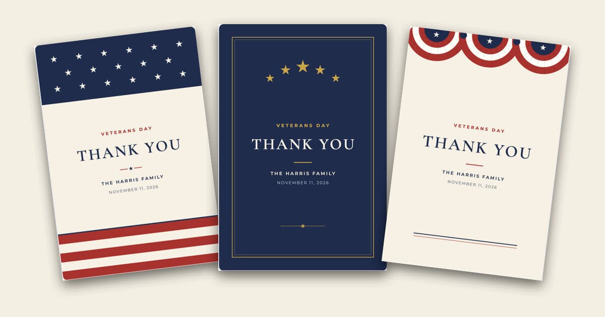 A row of ShipNote Veterans Day postcards in stars and stripes, service stars and bunting designs, ready to mail