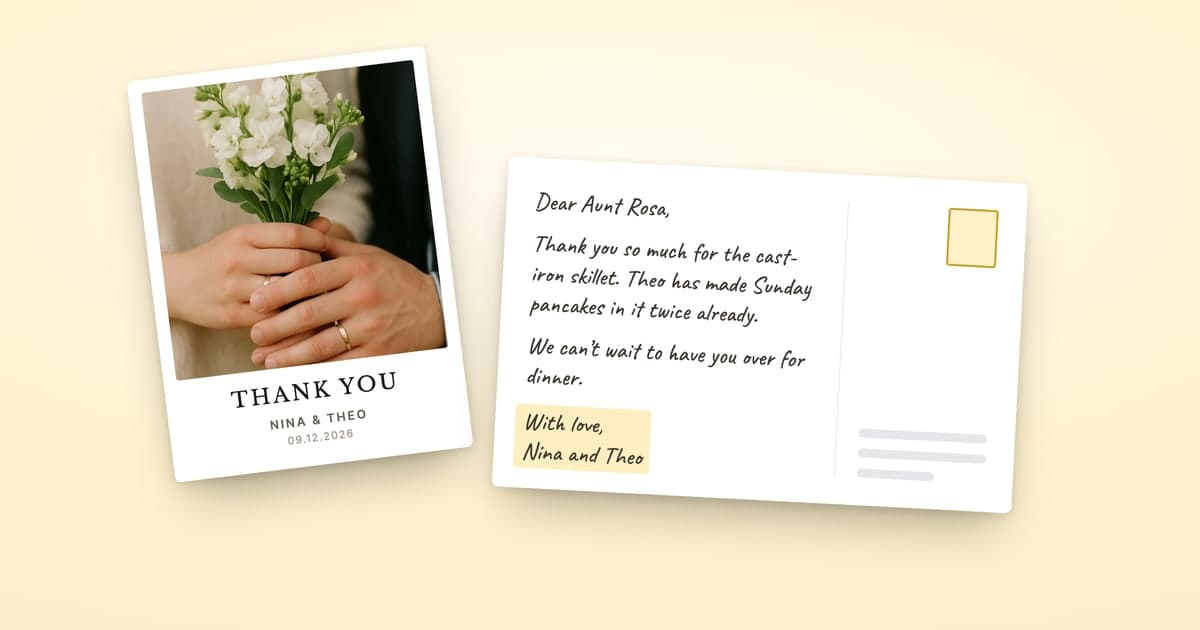 A ShipNote wedding postcard's THANK YOU photo front for Nina and Theo beside its back, a note to Aunt Rosa in a handwritten font ending with the highlighted sign-off: With love, Nina and Theo