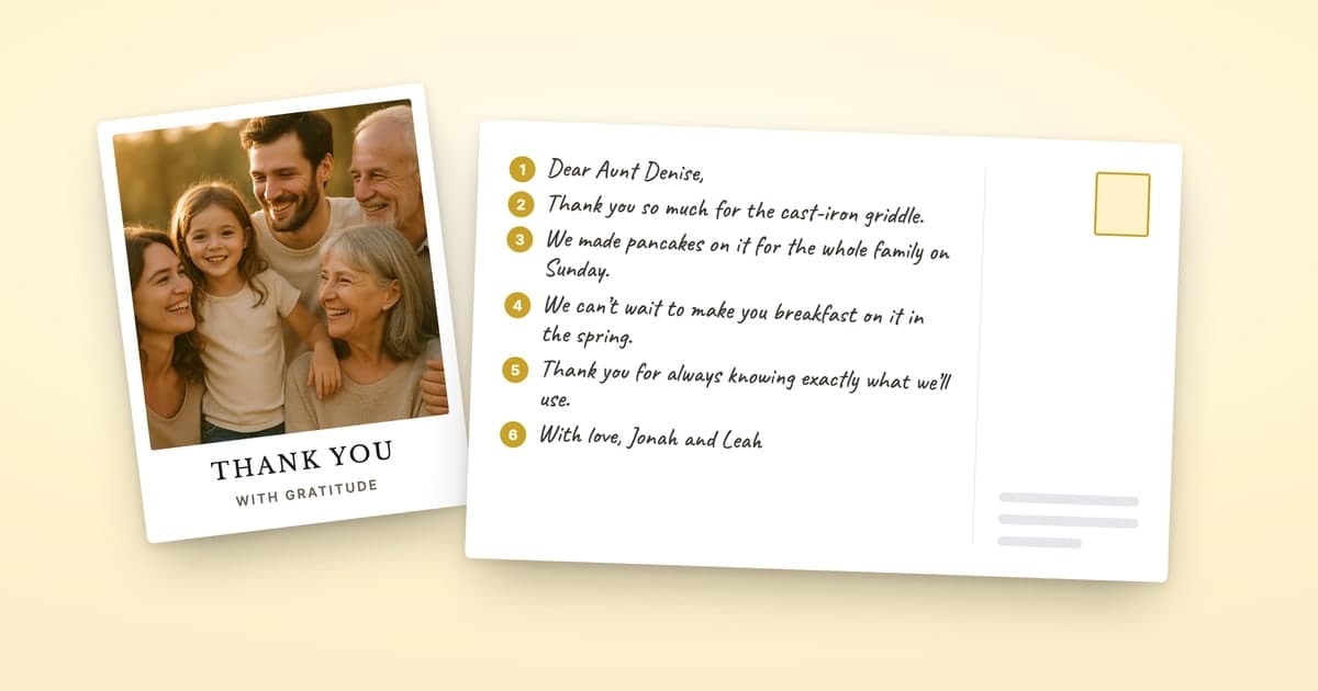 A ShipNote Just Thanks postcard with a THANK YOU photo front of a smiling family beside its back, a note to Aunt Denise in a handwritten font with each part numbered 1 to 6 in the margin, from the greeting to the sign-off