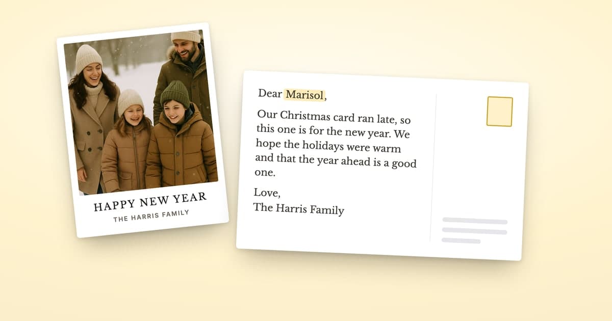 A snowy family photo postcard headlined HAPPY NEW YEAR beside the postcard back with a short late-card note, on a warm cream background