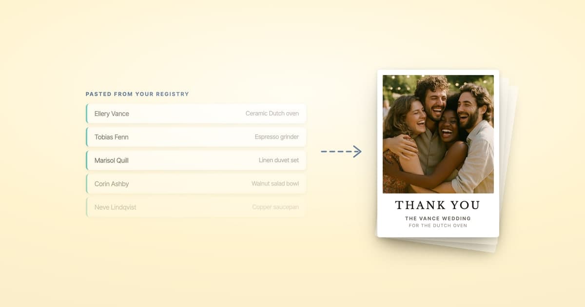 A pasted registry list of gift-givers turning into a printed ShipNote thank-you postcard