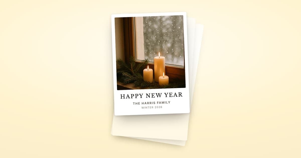 A ShipNote holiday postcard with a candlelit window photo above the headline HAPPY NEW YEAR, on a warm cream background