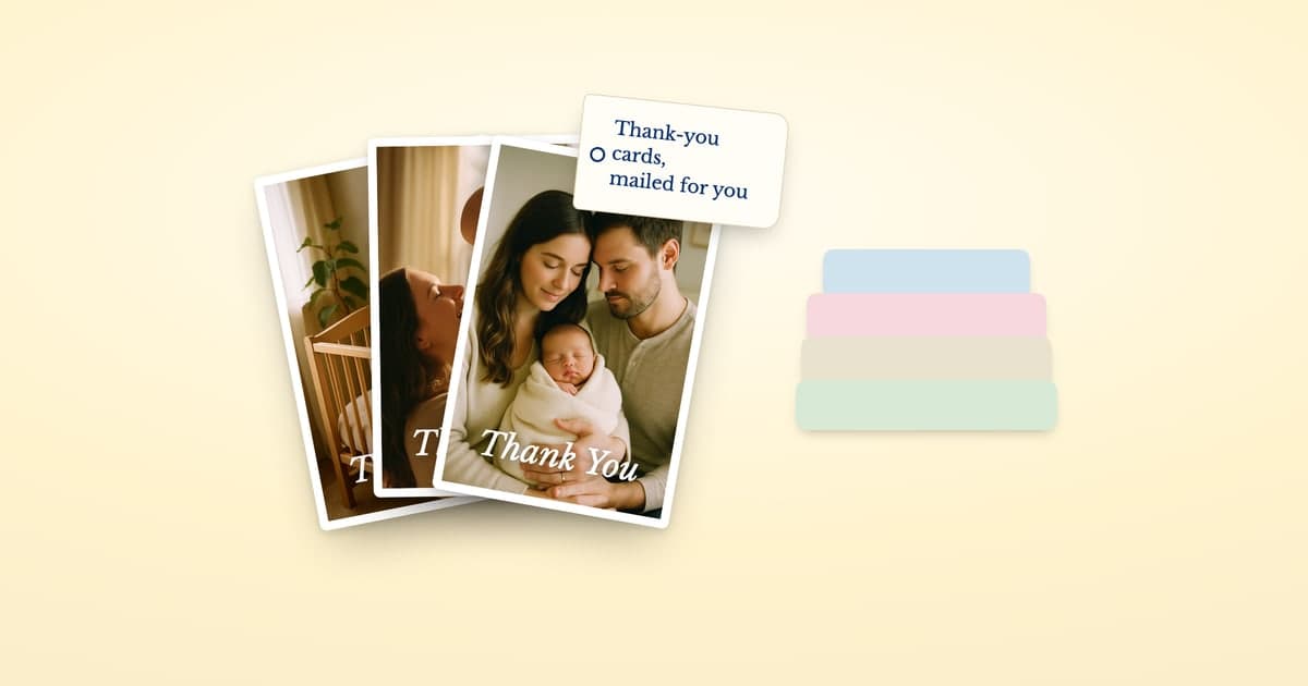 A fan of three ShipNote baby thank-you postcards with a gift tag reading Thank-you cards, mailed for you, beside a short stack of folded cloths in four pastel colors