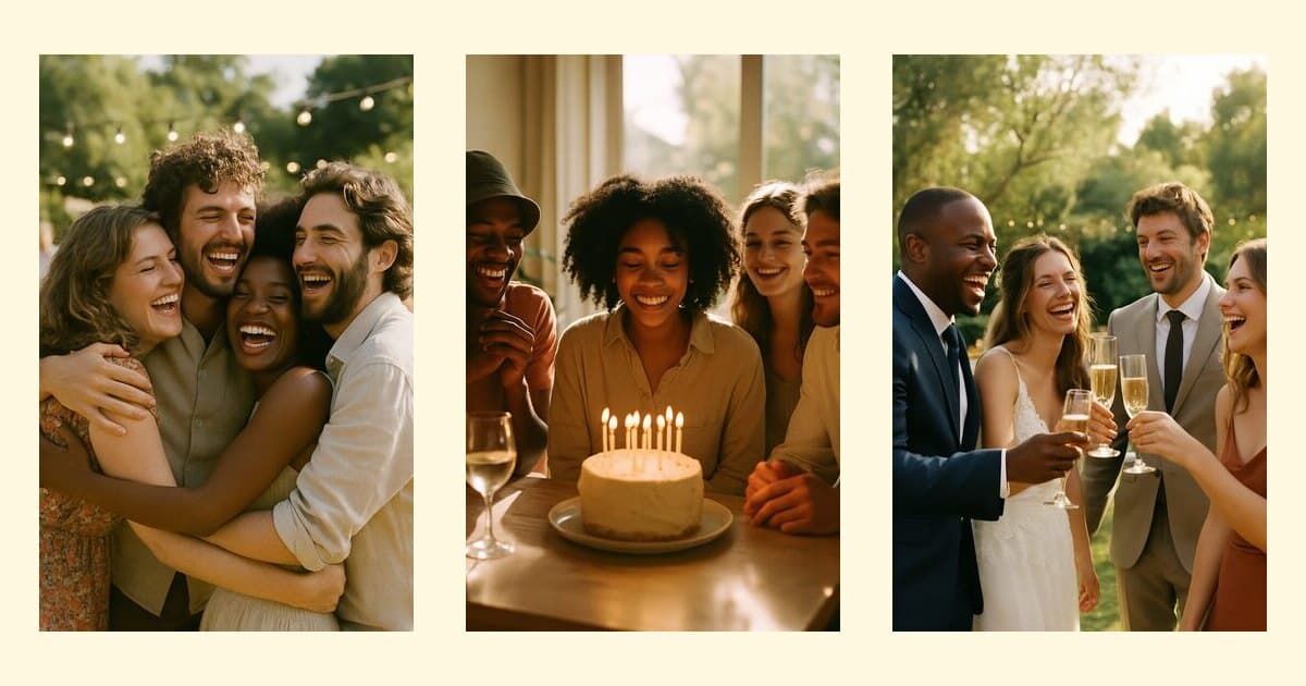 Three ShipNote postcard designs side by side on a cream background: friends hugging, a birthday cake, and a wedding toast