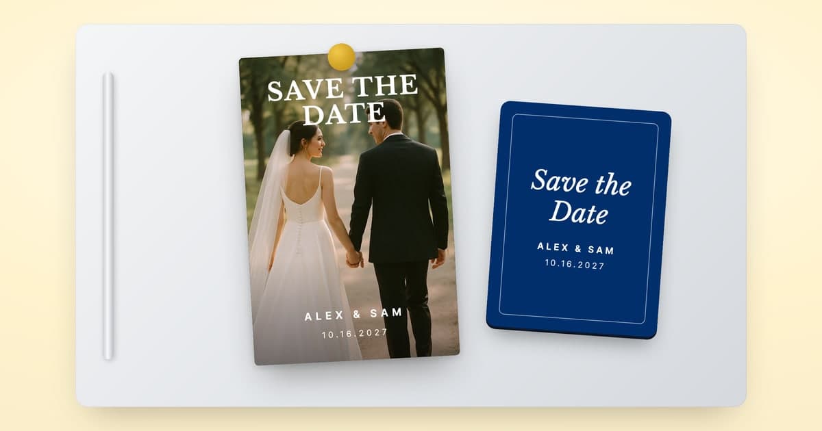 A ShipNote save-the-date postcard with a photo of a bride and groom held to a refrigerator door by a small round magnet, next to a save-the-date magnet