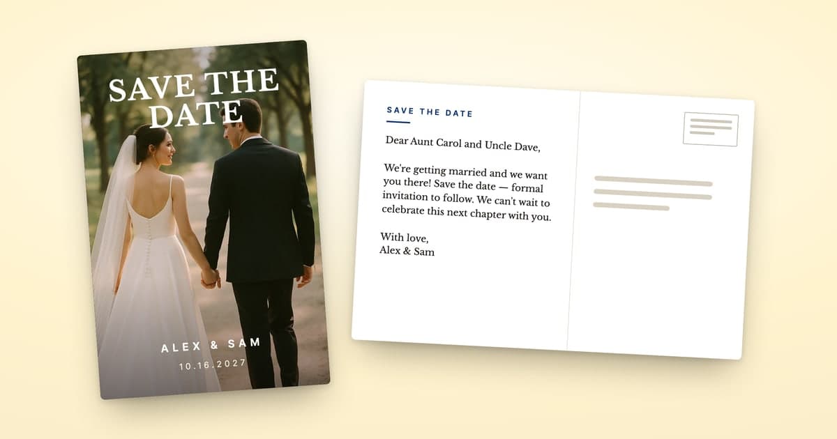 A ShipNote save-the-date postcard with a photo of a bride and groom and SAVE THE DATE, ALEX & SAM, 10.16.2027 on the front, beside its back, which greets Aunt Carol and Uncle Dave by name