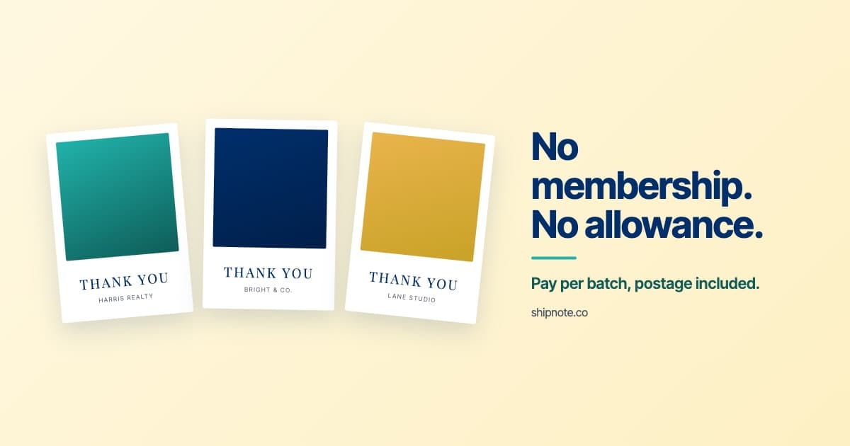 Three ShipNote thank-you postcards in teal, navy and gold fanned out on a cream background beside the words No membership. No allowance.