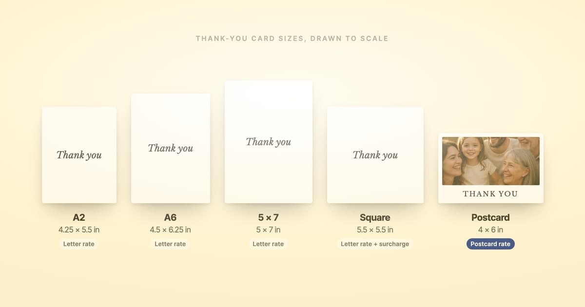 Five thank-you cards drawn to scale on a cream background, each labelled with its size and postage: an A2 card at 4.25 x 5.5 inches, an A6 card at 4.5 x 6.25 and a 5 x 7 card, each marked letter rate; a 5.5 x 5.5 square card marked letter rate plus surcharge; and a 4 x 6 photo postcard reading THANK YOU, marked postcard rate