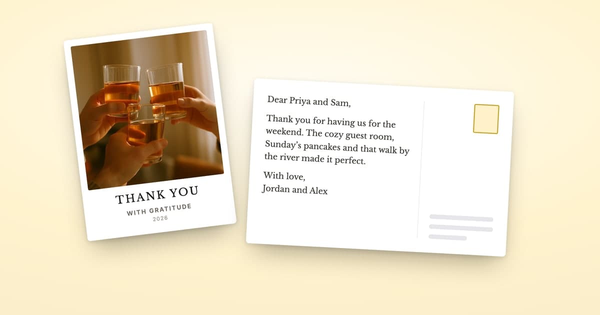 A ShipNote THANK YOU postcard with three glasses raised in a toast on the front, beside its back, which thanks Priya and Sam for a weekend stay
