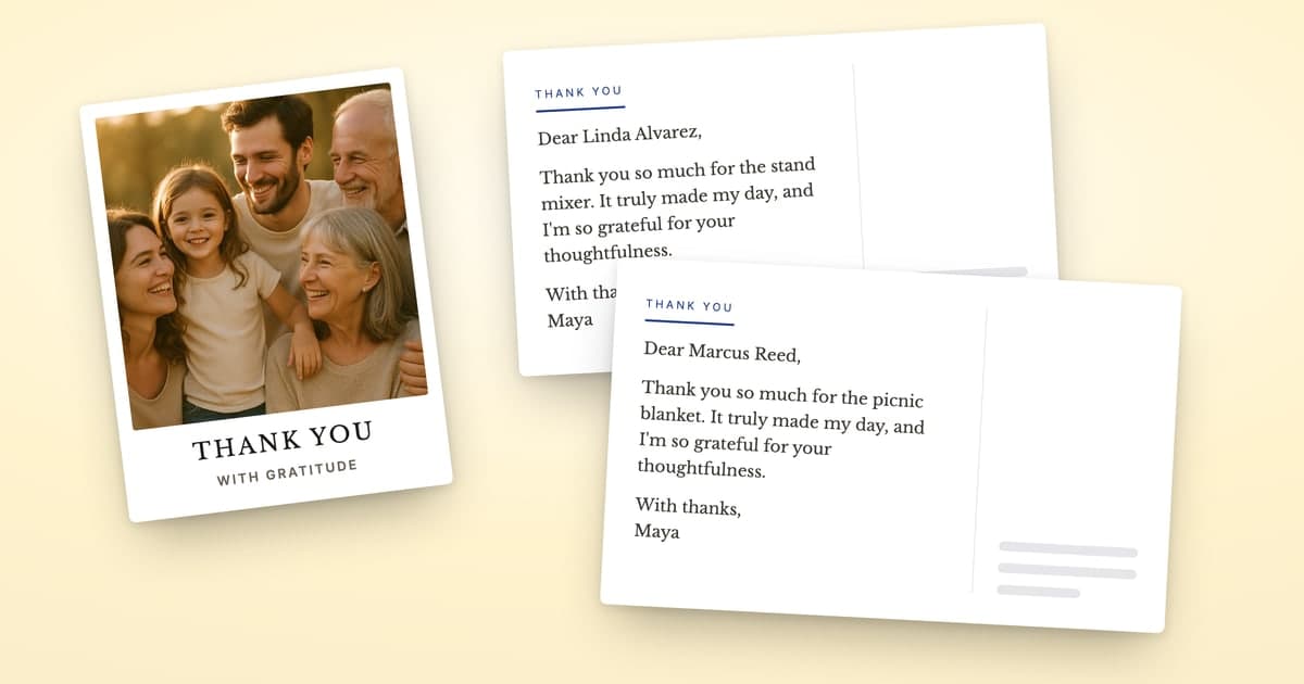 A ShipNote postcard with a THANK YOU photo front of a smiling family beside two card backs with the same thank-you message, one to Linda Alvarez naming a stand mixer and one to Marcus Reed naming a picnic blanket