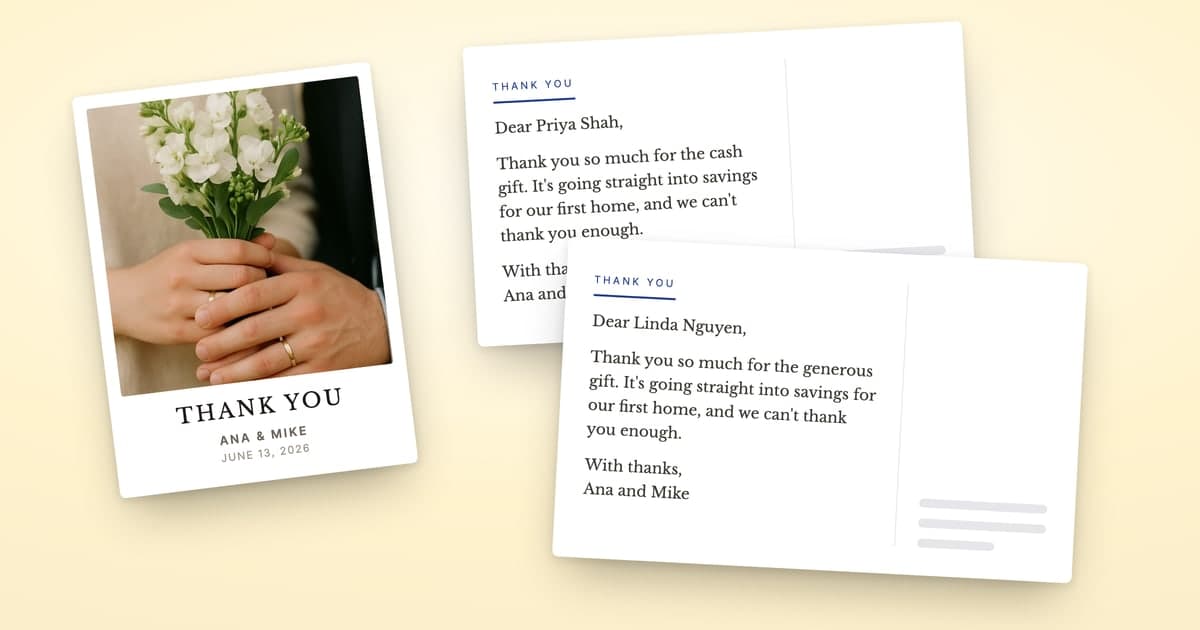 A ShipNote thank-you postcard with a photo of a couple's ringed hands holding white flowers, the headline THANK YOU and the lines ANA & MIKE and JUNE 13, 2026, beside two card backs thanking Priya Shah for the cash gift and Linda Nguyen for the generous gift, both going into savings for a first home