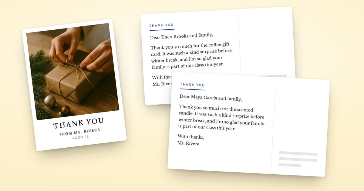 A ShipNote thank-you postcard with a photo of hands tying twine around a wrapped present, the headline THANK YOU and the lines FROM MS. RIVERA and ROOM 12, beside two card backs in which Ms. Rivera thanks Maya Garcia and family for the scented candle and Theo Brooks and family for the coffee gift card