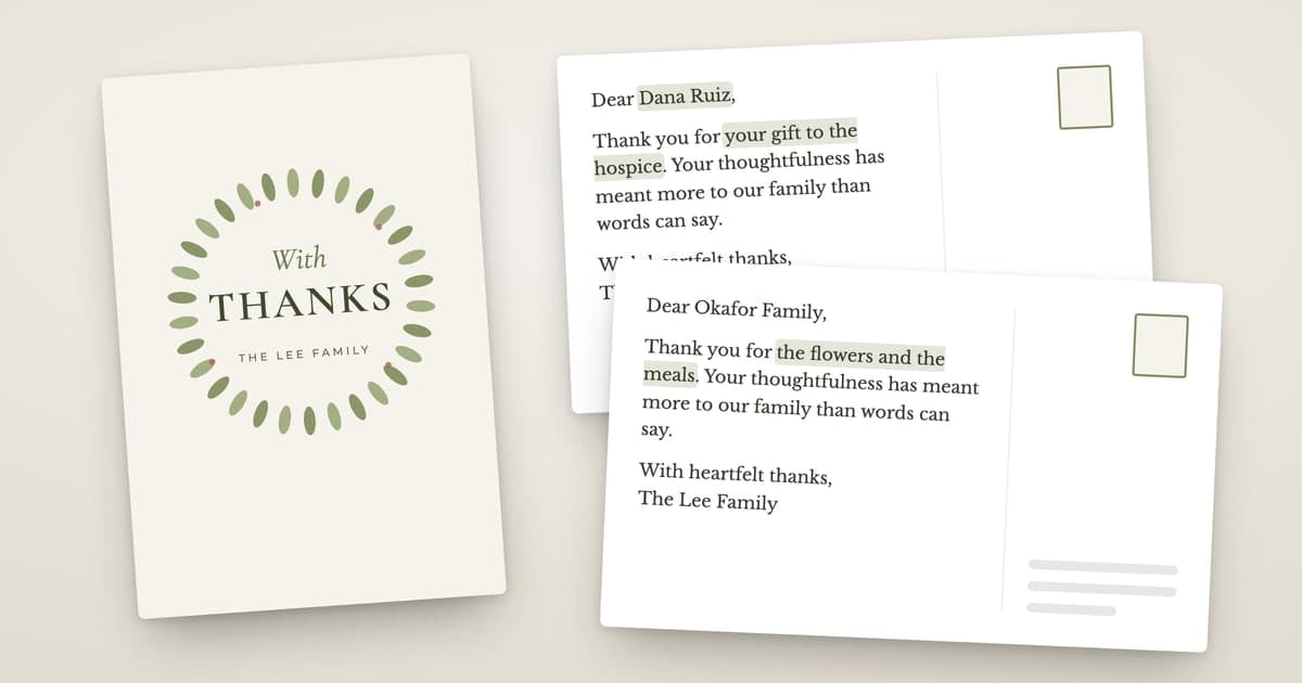 A ShipNote funeral thank-you postcard on the Botanical front, With Thanks and THE LEE FAMILY in a laurel wreath, beside two backs: one thanking the Okafor family for the flowers and the meals, one thanking Dana Ruiz for her gift to the hospice