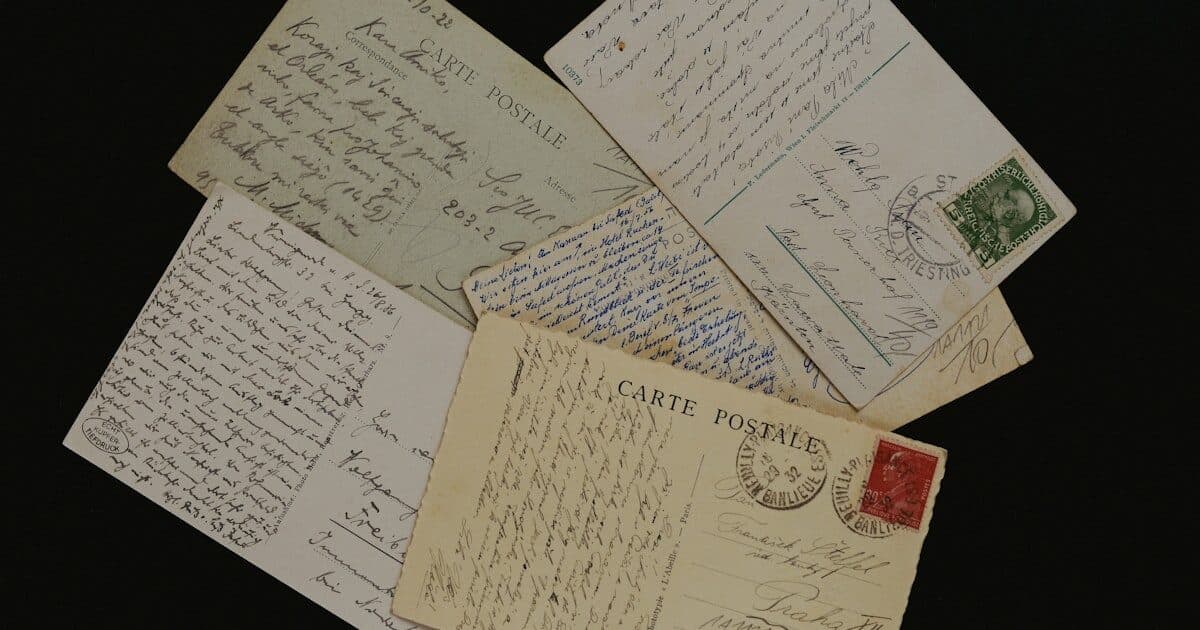 Several handwritten vintage postcards fanned out against a black background
