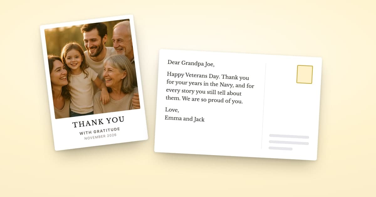 A ShipNote postcard with a THANK YOU photo front of a smiling family beside its back, which carries a Veterans Day message to Grandpa Joe
