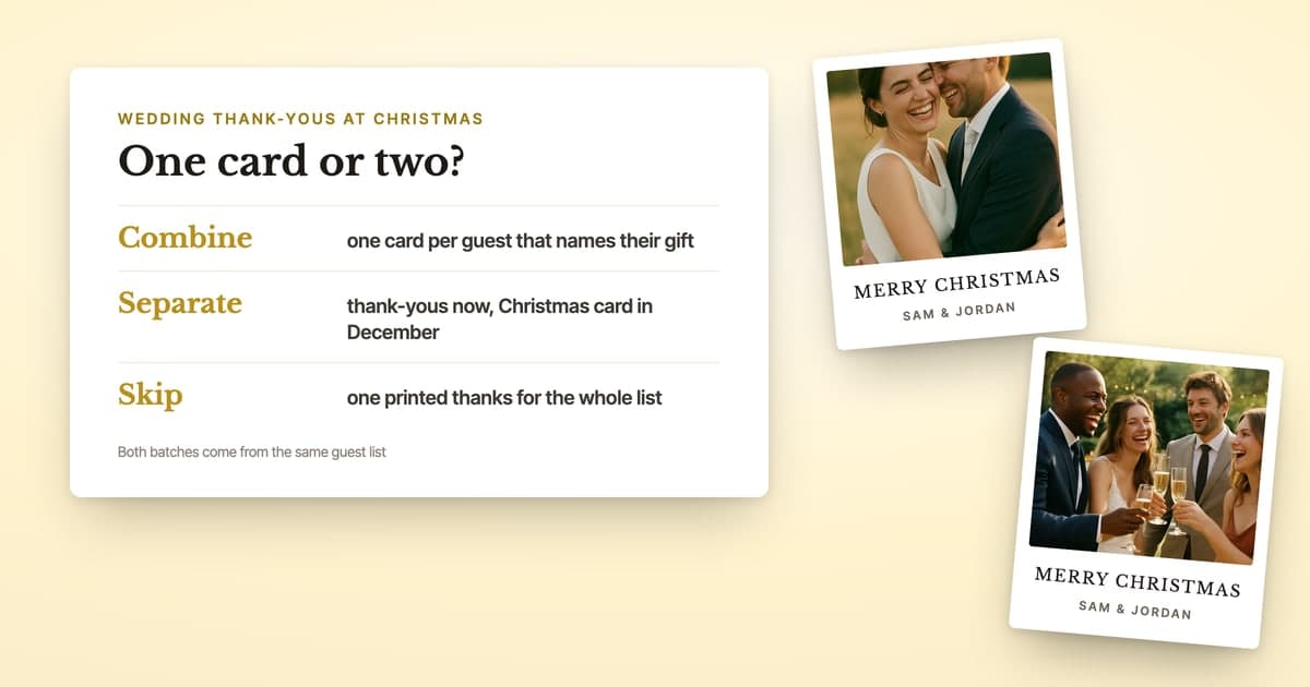 Two wedding photo postcards with a Merry Christmas headline, beside a panel on combining thank-you and Christmas cards