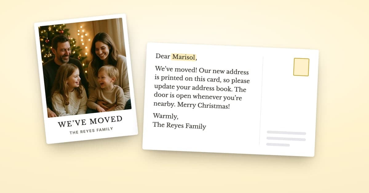 A family photo card with the headline WE'VE MOVED and the caption THE REYES FAMILY, beside the back of a postcard with a moving message and a stamp box