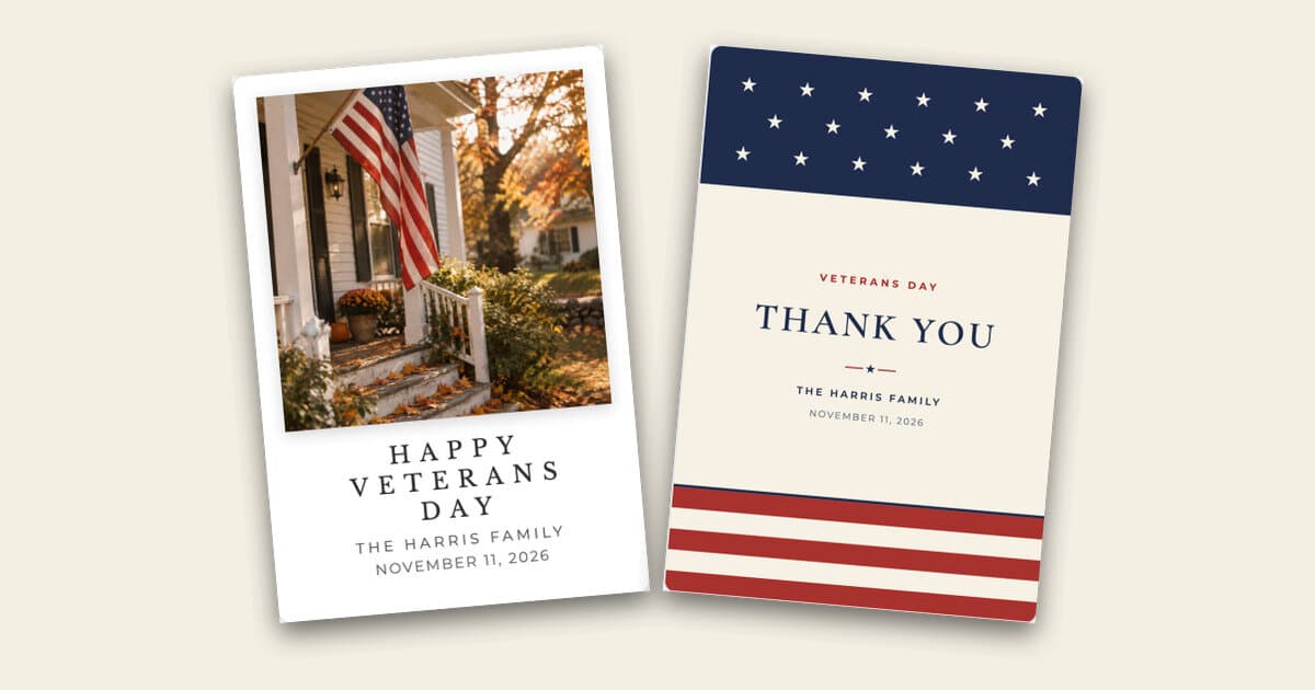 Two ShipNote Veterans Day postcards: a photo card of a flag on an autumn porch reading HAPPY VETERANS DAY, and a Stars and Stripes card reading THANK YOU