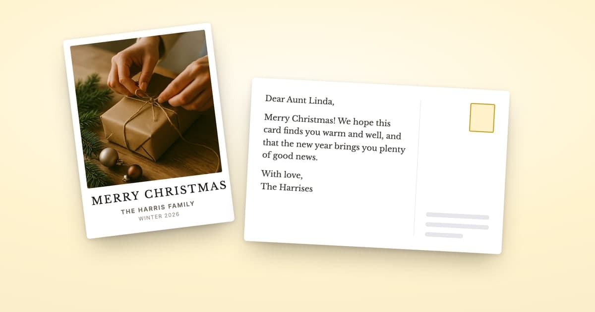 A ShipNote holiday postcard's MERRY CHRISTMAS photo front beside its back, which carries a Christmas message to Aunt Linda