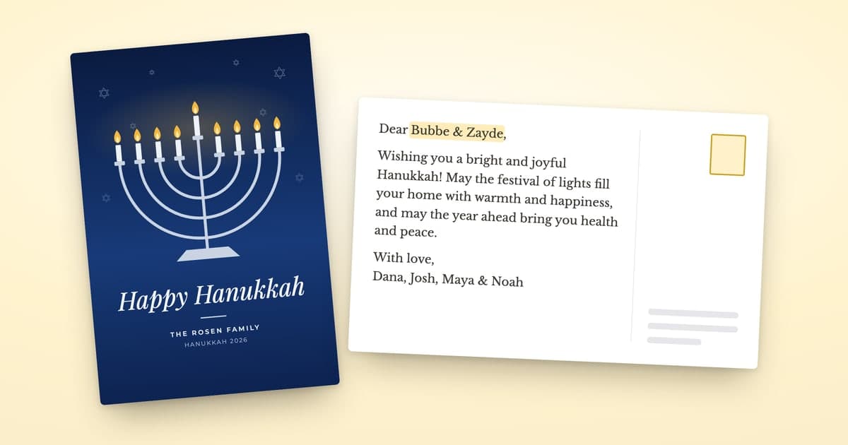 A ShipNote Menorah postcard, a silver menorah with nine lights over Happy Hanukkah and The Rosen Family, beside its back, which carries the card's Hanukkah message to Bubbe and Zayde